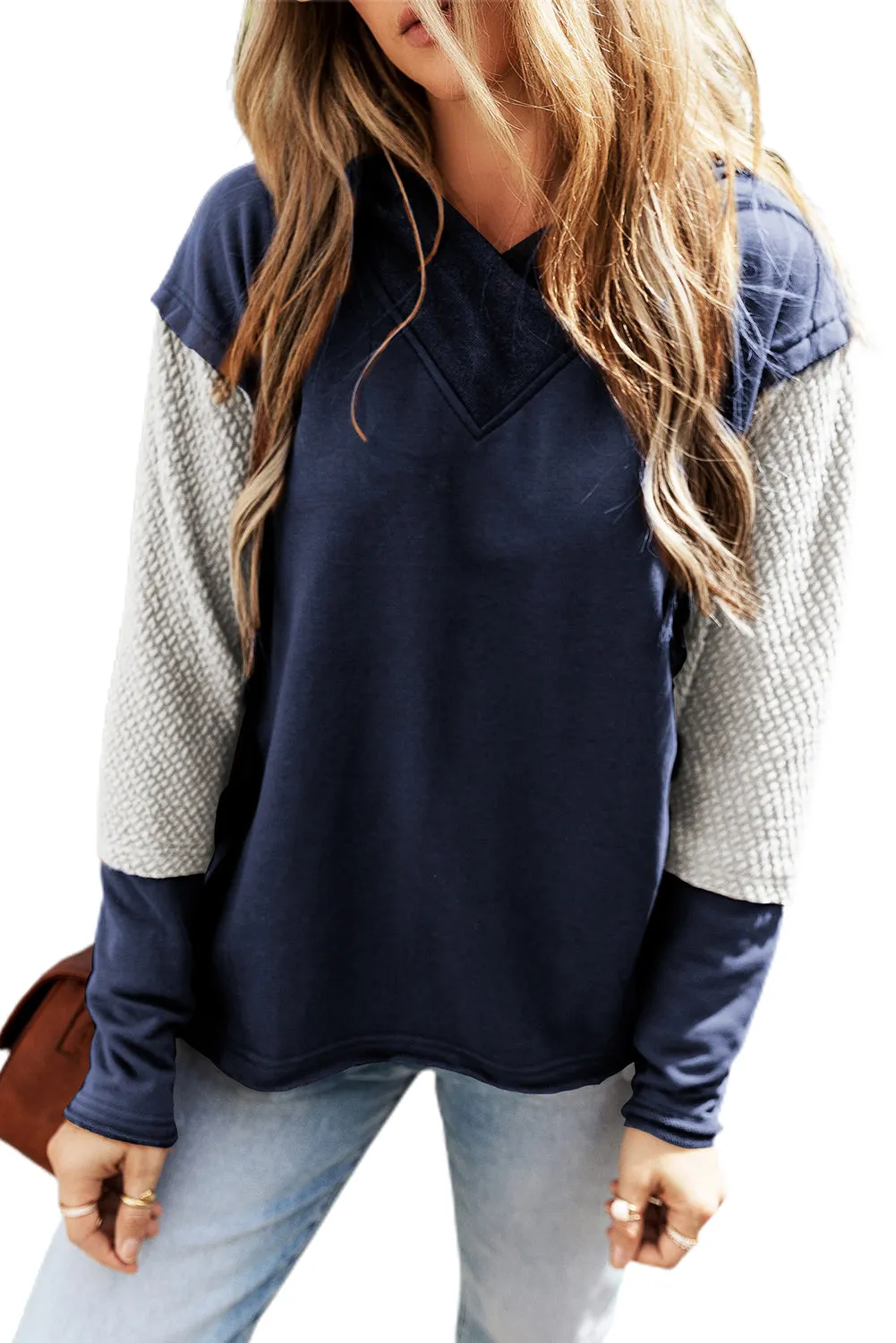 Navy Blue Contrast Splicing Sleeves Hooded Sweatshirt