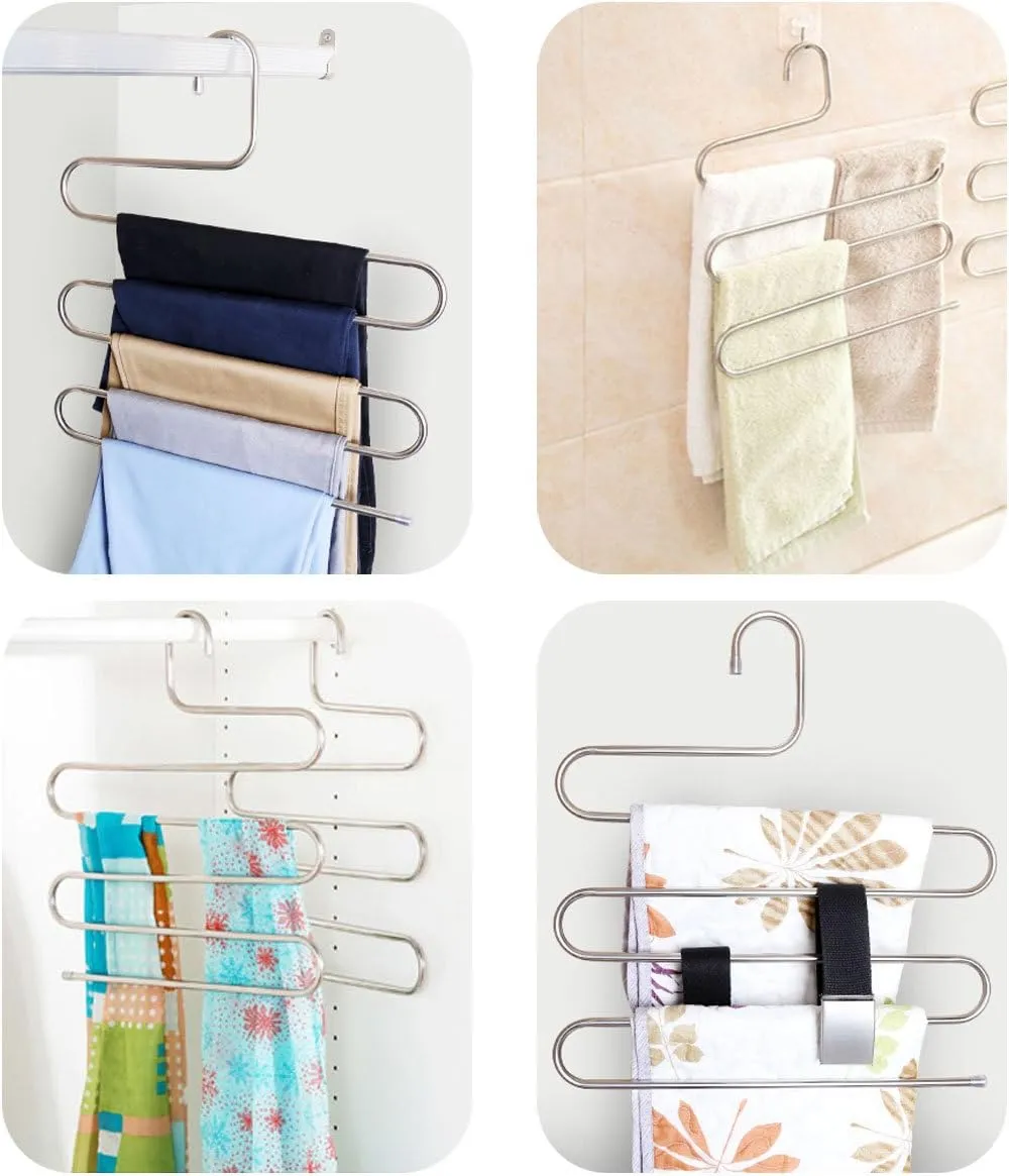 New 10-Pack Pants Hangers S-Shape Stainless Steel Space Saving Closet Clothes Organizer Jeans Scarves