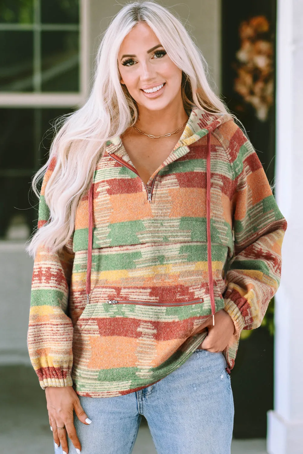 Orange Aztec Printed Kangaroo Pocket Zipped Hoodie