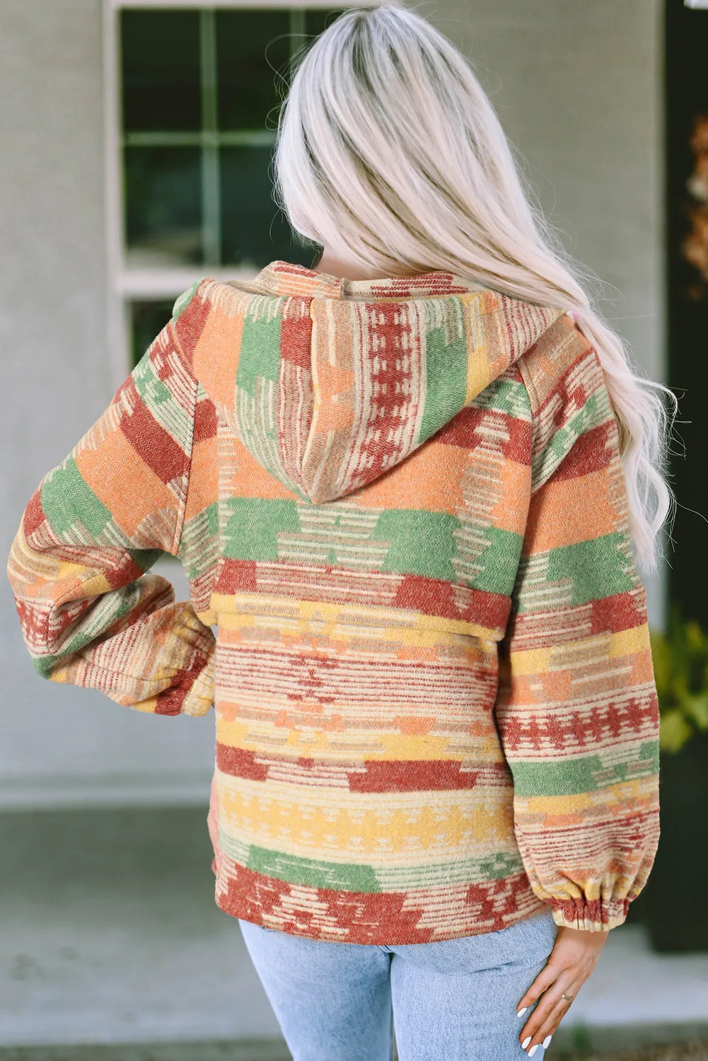 Orange Aztec Printed Kangaroo Pocket Zipped Hoodie