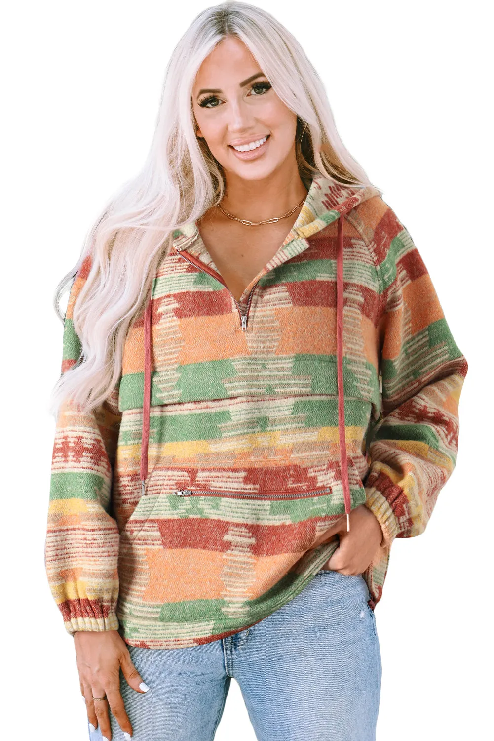 Orange Aztec Printed Kangaroo Pocket Zipped Hoodie