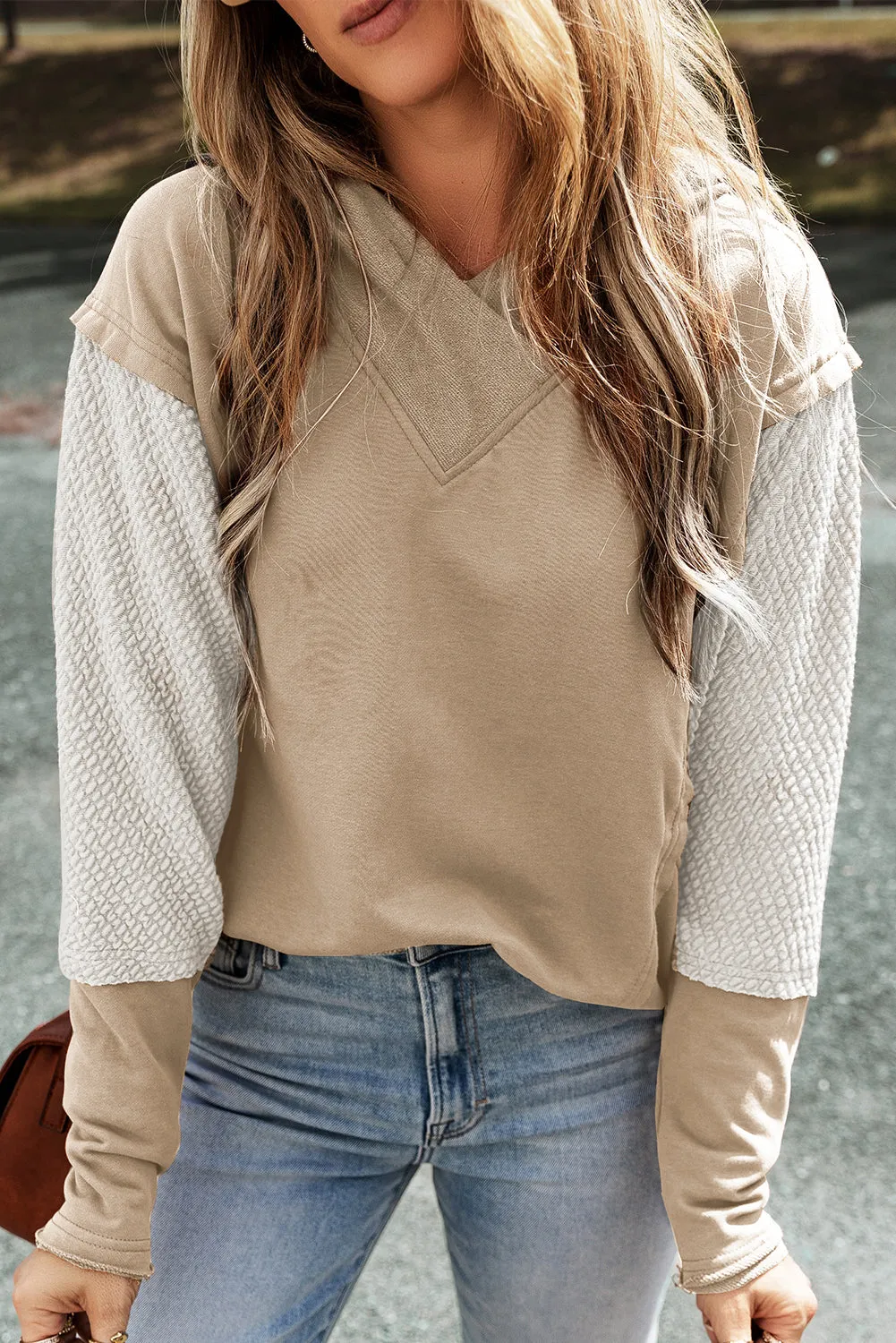 Parchment Contrast Splicing Sleeves Hooded Sweatshirt