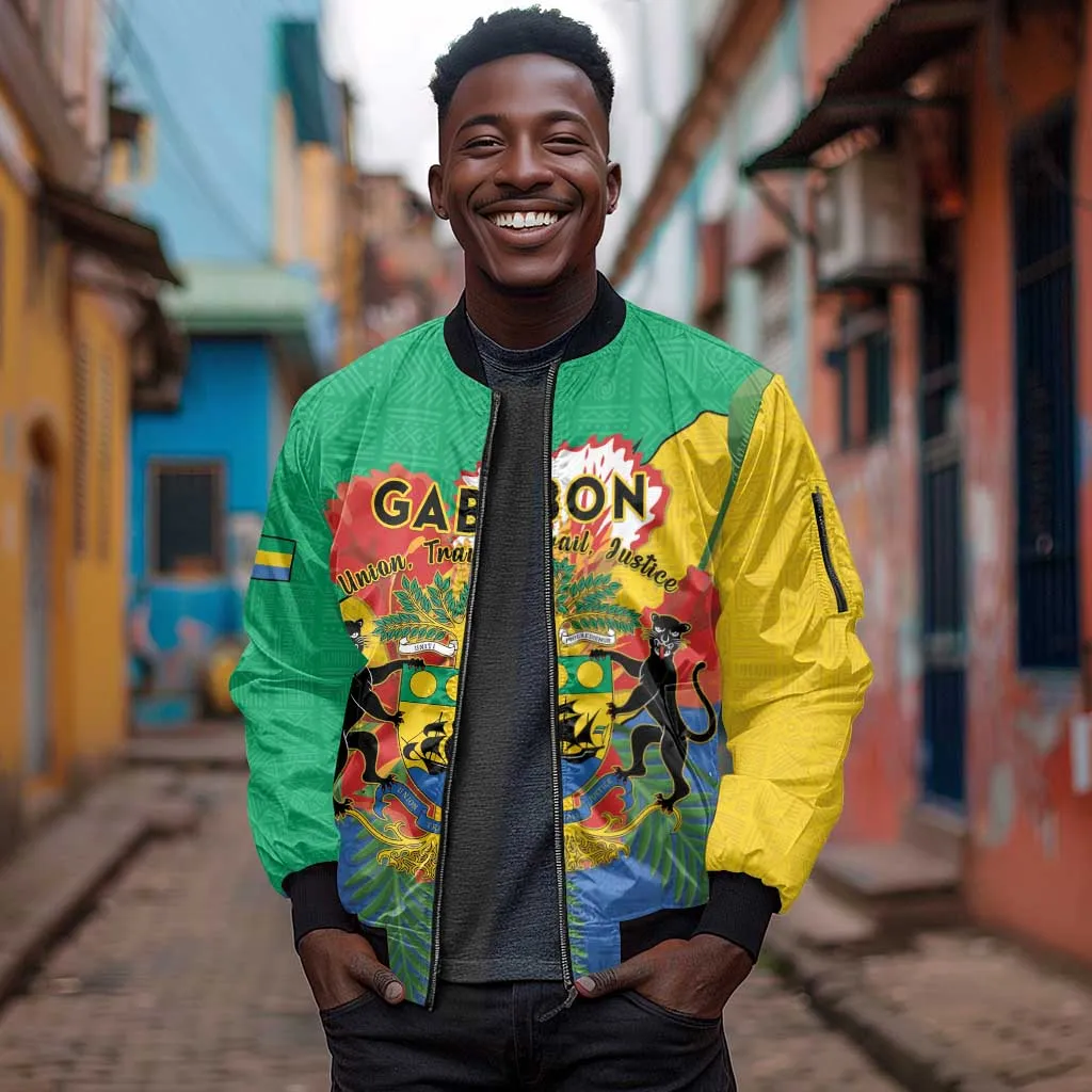 Personalised Afro Gabon Sleeve Zip Bomber Jacket Gabonese Union Travail and Justice LT15