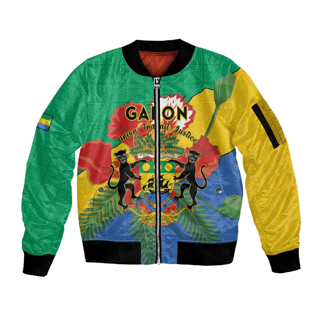 Personalised Afro Gabon Sleeve Zip Bomber Jacket Gabonese Union Travail and Justice LT15