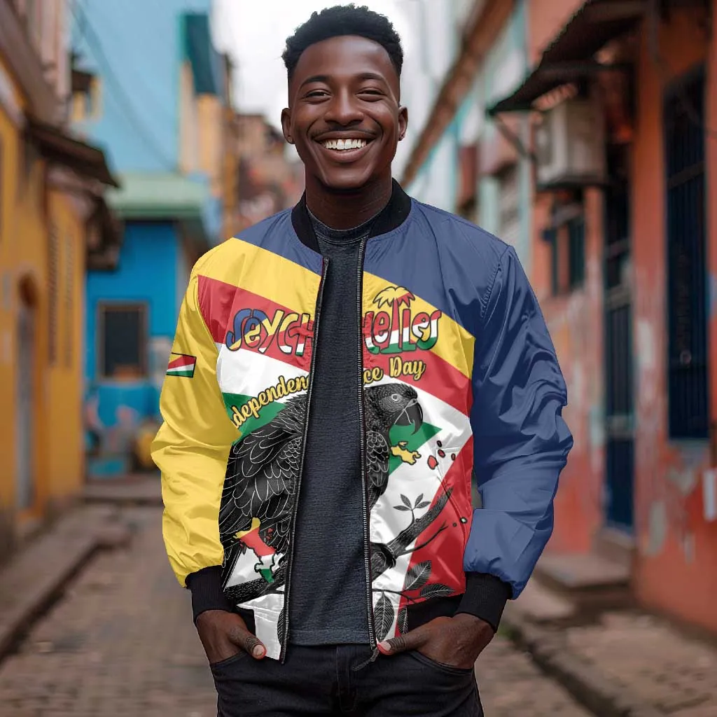 Personalized Happy Seychelles Independence Day Bomber Jacket Black Parrot Coat Of Arms LT15