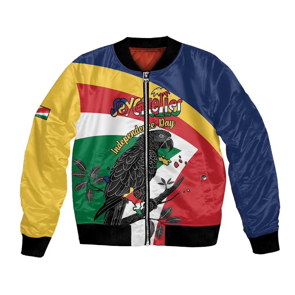 Personalized Happy Seychelles Independence Day Bomber Jacket Black Parrot Coat Of Arms LT15