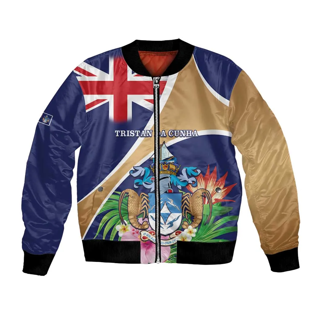 Personalized Tristan da Cunha Bomber Jacket Coat Of Arms Tropical Flowers LT15