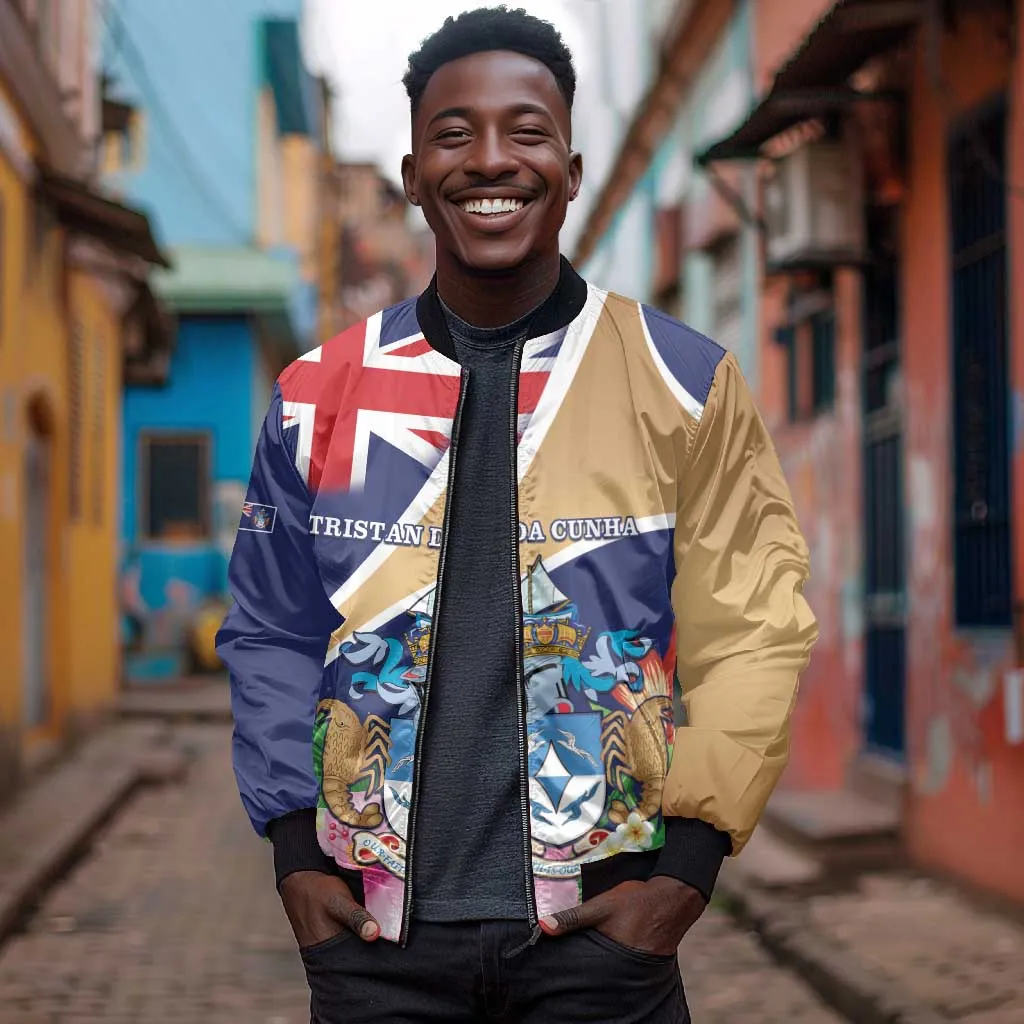 Personalized Tristan da Cunha Bomber Jacket Coat Of Arms Tropical Flowers LT15