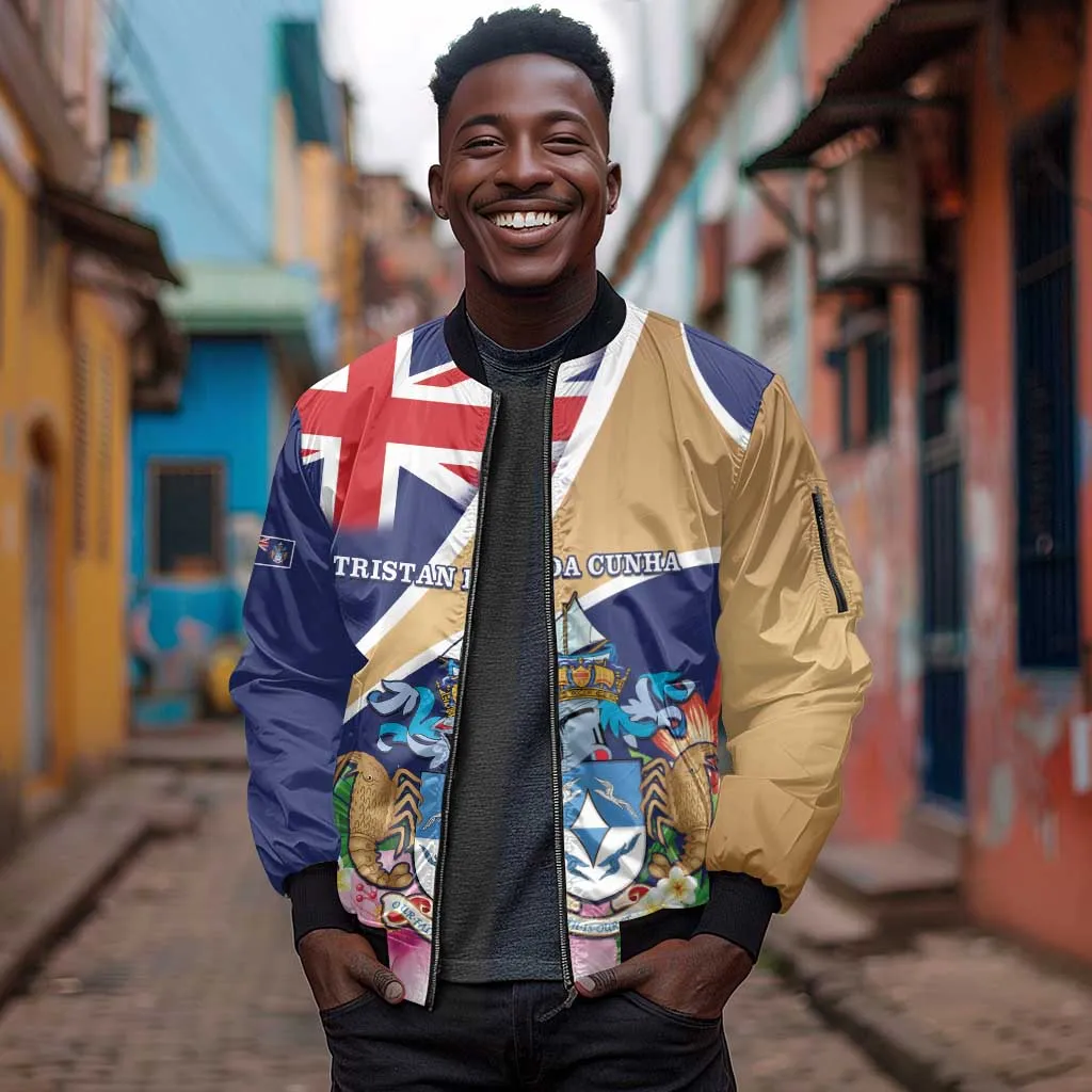 Personalized Tristan da Cunha Sleeve Zip Bomber Jacket Coat Of Arms Tropical Flowers LT15