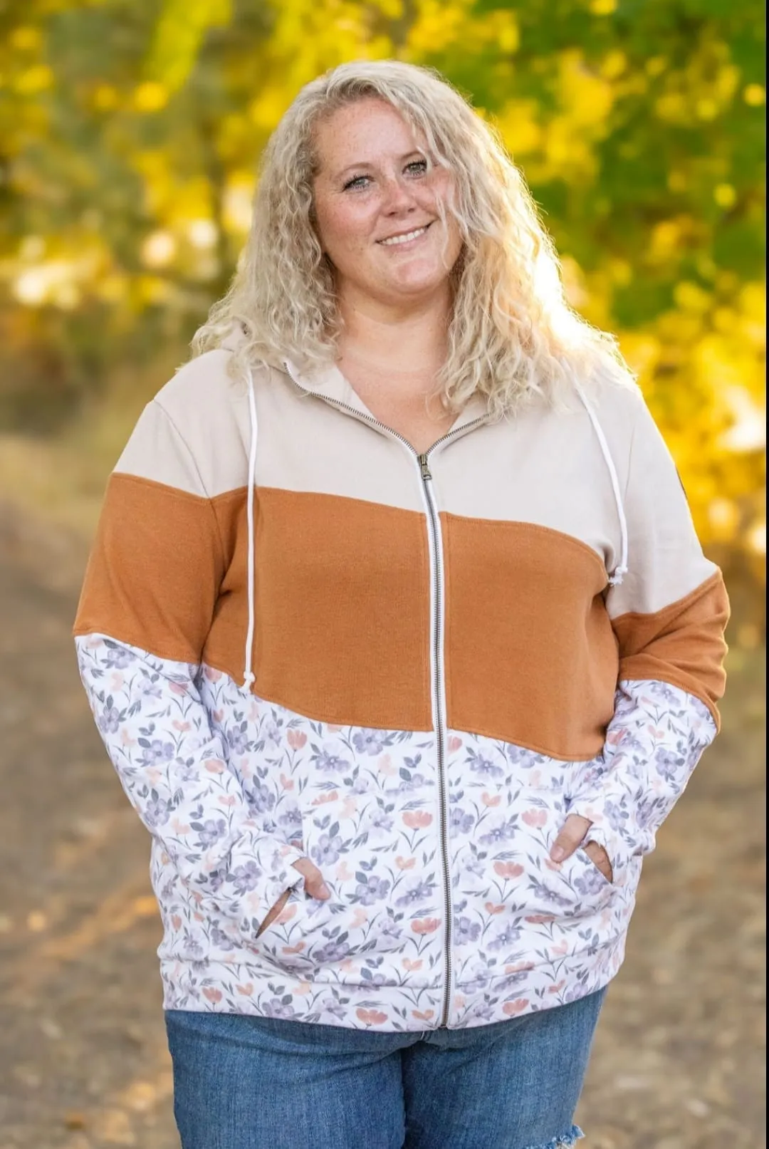 PHC- Triple Stretch Full Zip Hoodie in Camel   Floral Colorblock