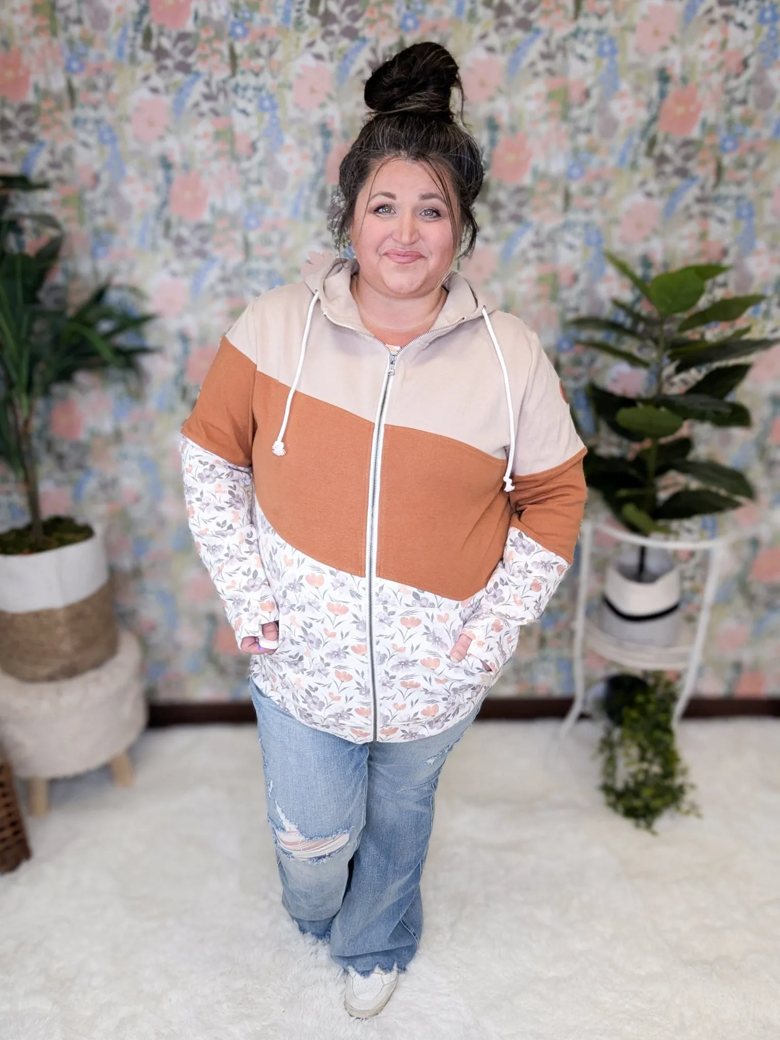 PHC- Triple Stretch Full Zip Hoodie in Camel   Floral Colorblock