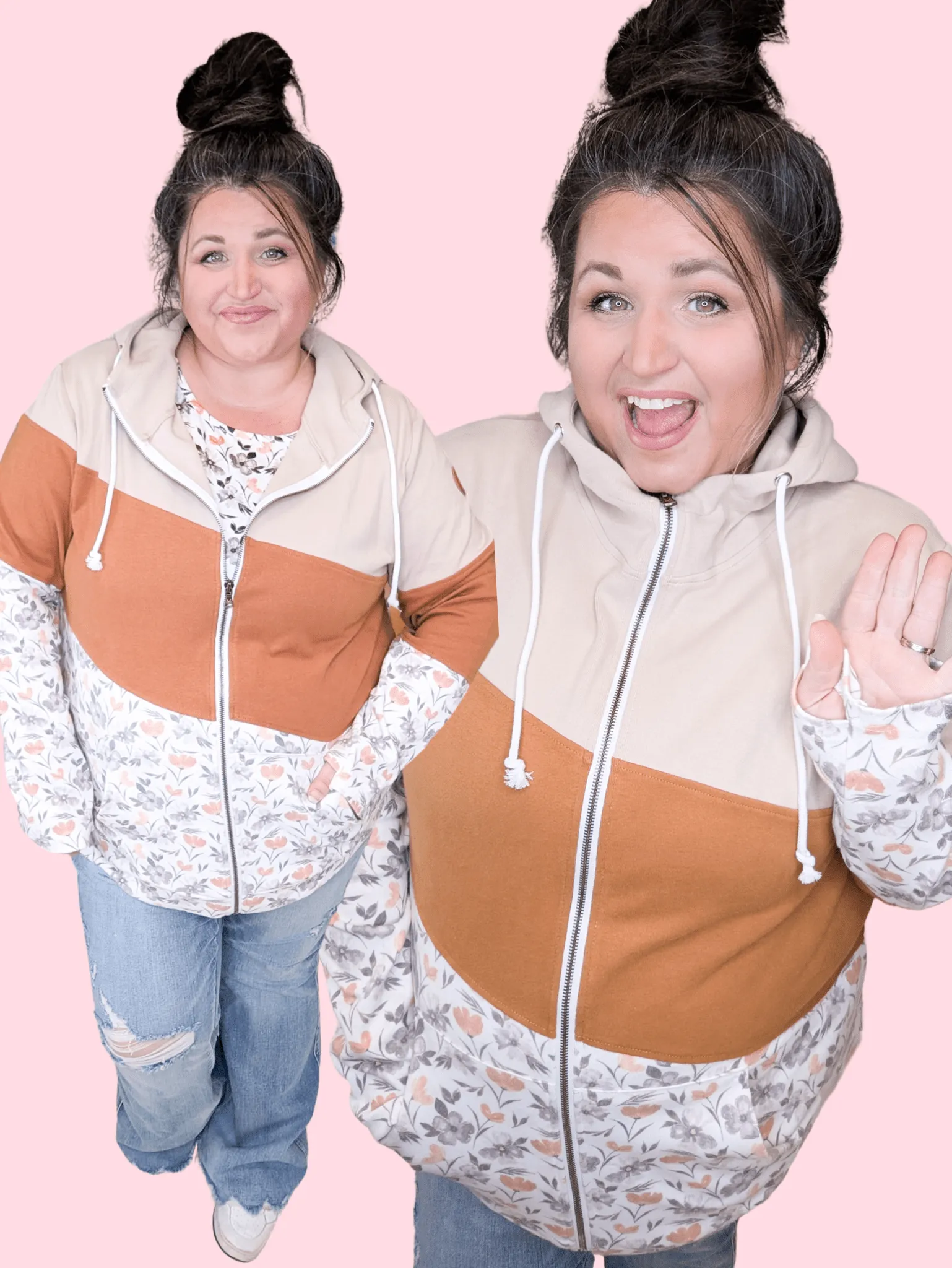 PHC- Triple Stretch Full Zip Hoodie in Camel   Floral Colorblock
