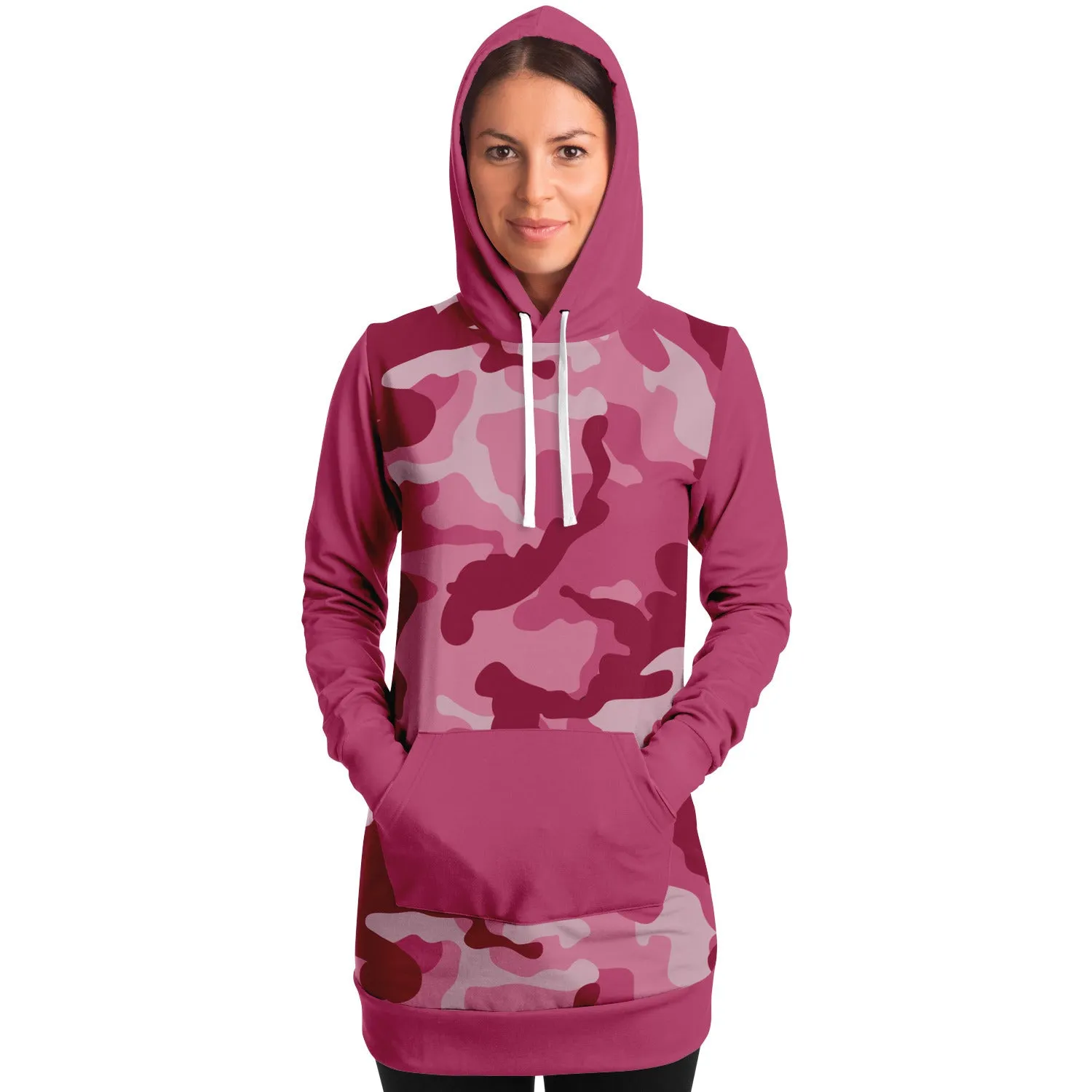 Pink Camouflage Longline Hoodie Dress With Solid Pink Contrast Sleeves