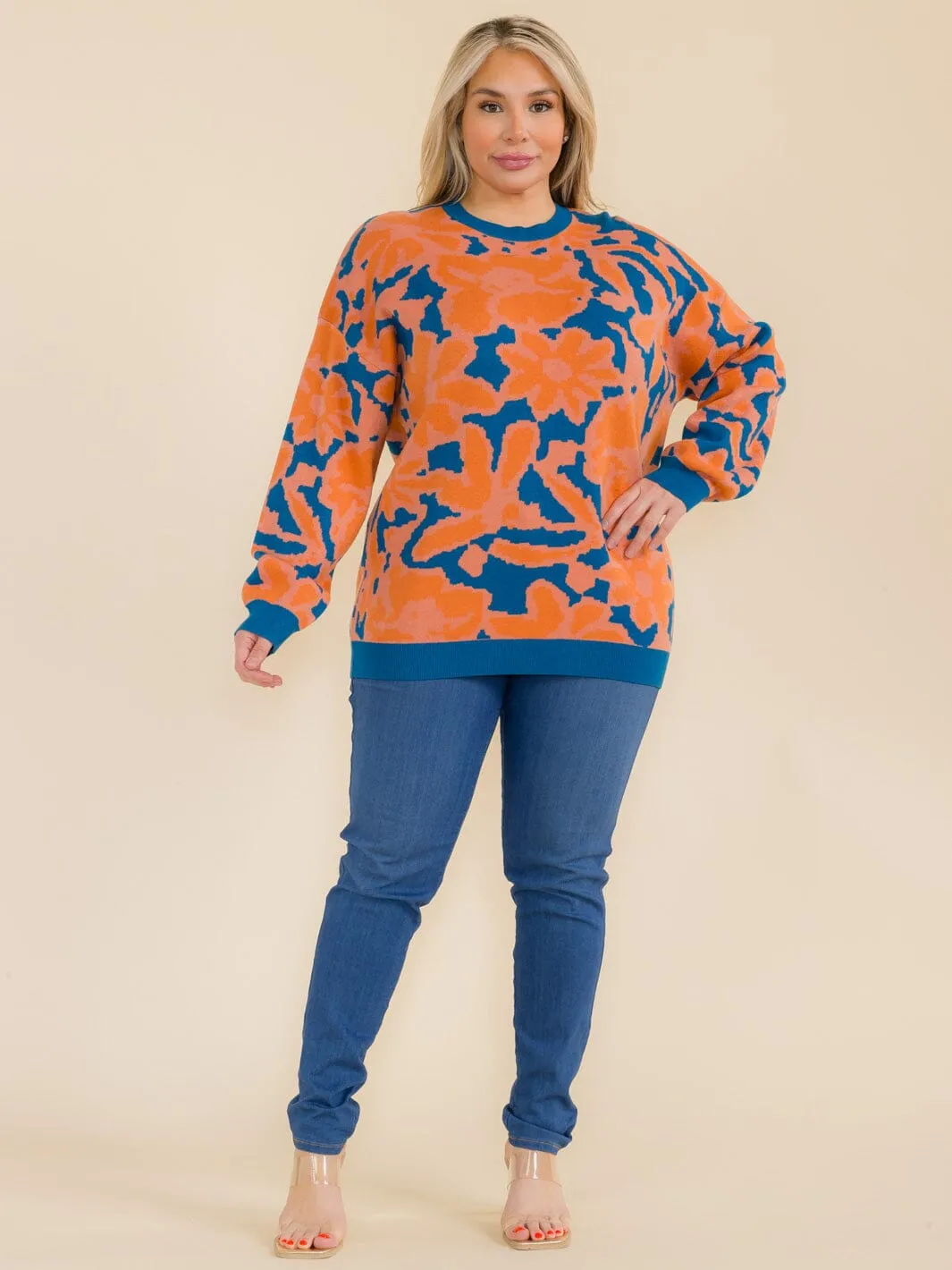 PLUS SIZE LONG SLEEVE COLORBLOCK PRINTED PULLOVER SWEATER