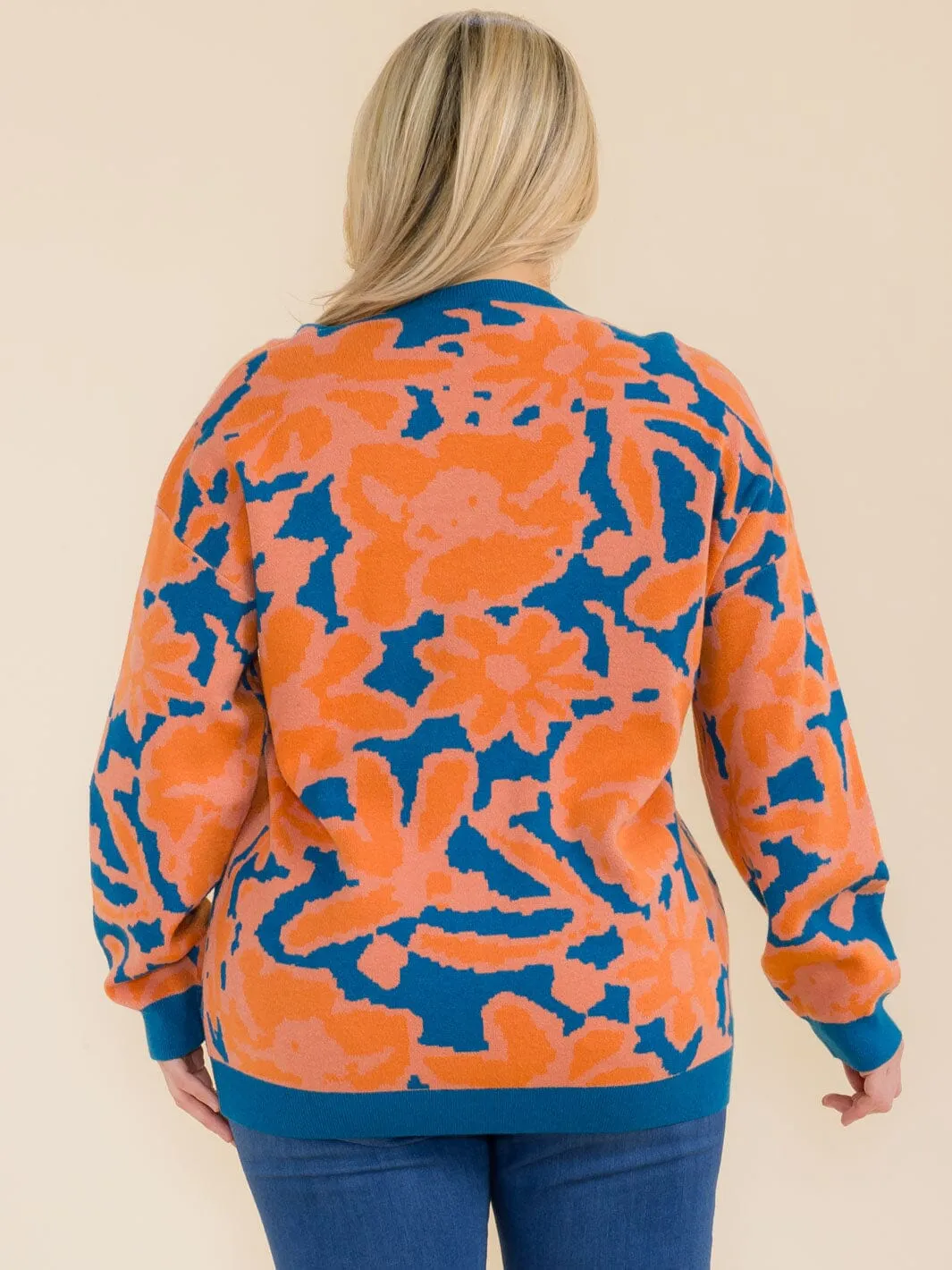 PLUS SIZE LONG SLEEVE COLORBLOCK PRINTED PULLOVER SWEATER