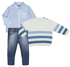 Pre-Order Mayoral 124 Sky Blue Long Sleeve Shirt, Mayoral 1582 Denim Jeans and Mayoral 1301 Blue Stripe Jumper