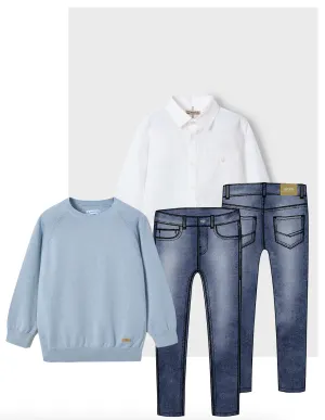 Pre-Order Mayoral 3121 White Linen Long Sleeve Shirt, Mayoral 3567 Dark Denim Jeans and Mayoral 311 Jumper