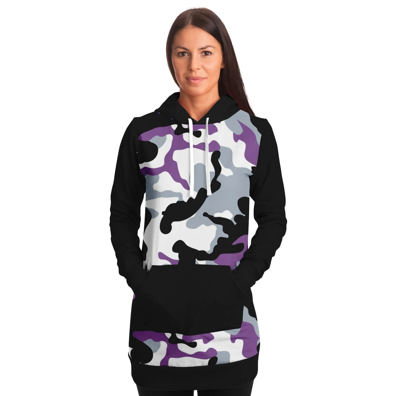Purple and Black Camouflage Longline Hoodie Dress With Solid Black Sleeves, Pocket and Hood