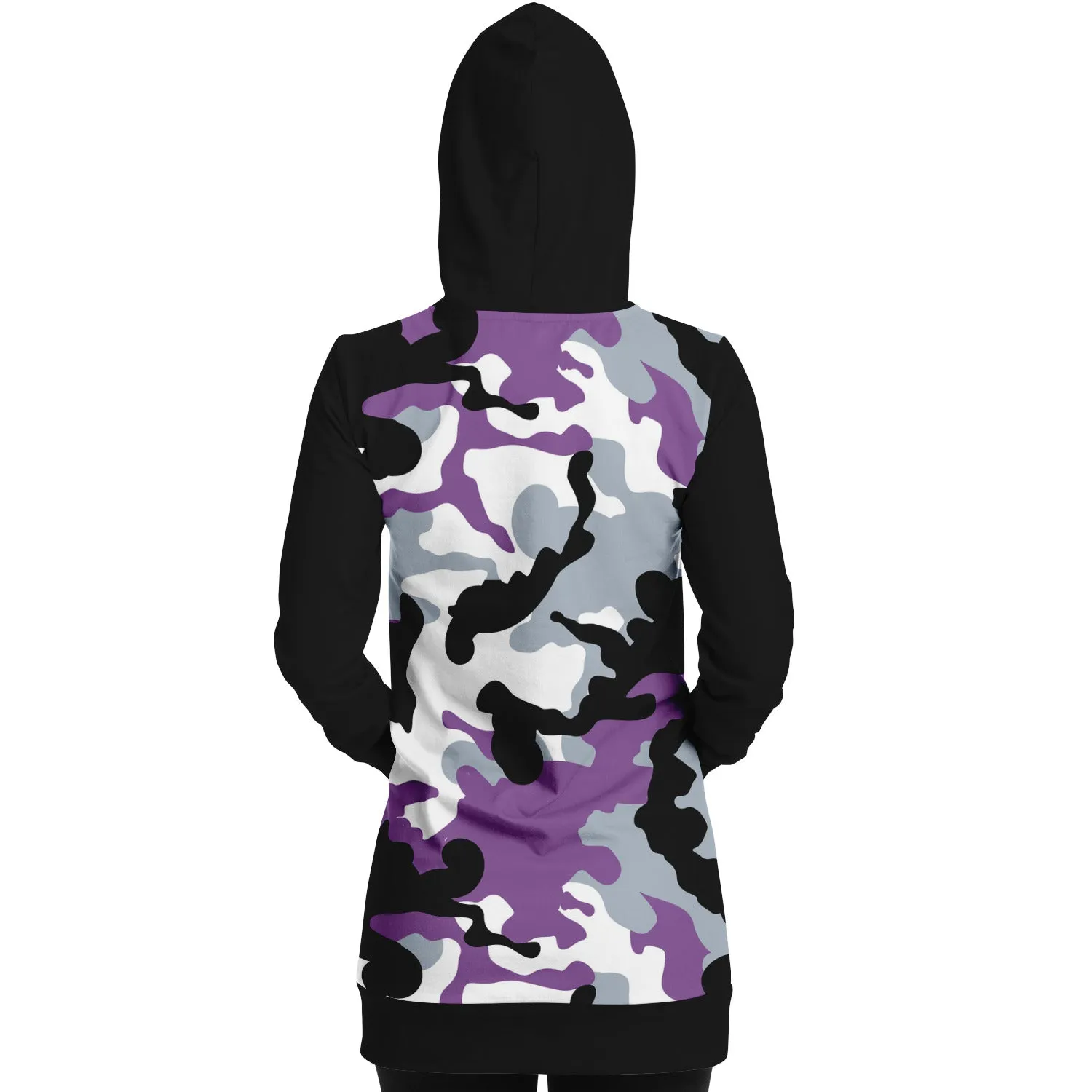 Purple and Black Camouflage Longline Hoodie Dress With Solid Black Sleeves, Pocket and Hood