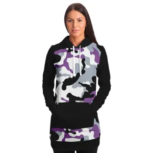Purple and Black Camouflage Longline Hoodie Dress With Solid Black Sleeves, Pocket and Hood