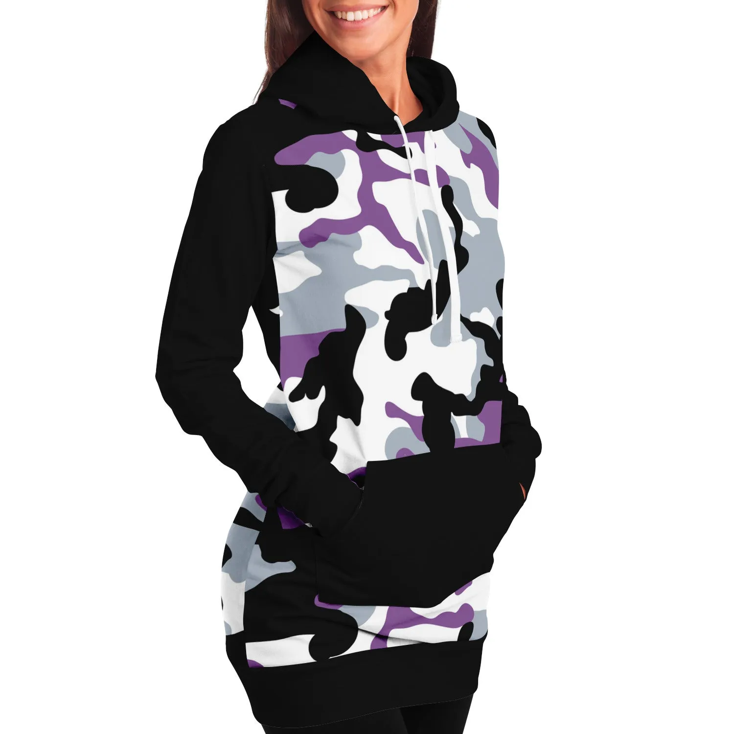 Purple and Black Camouflage Longline Hoodie Dress With Solid Black Sleeves, Pocket and Hood