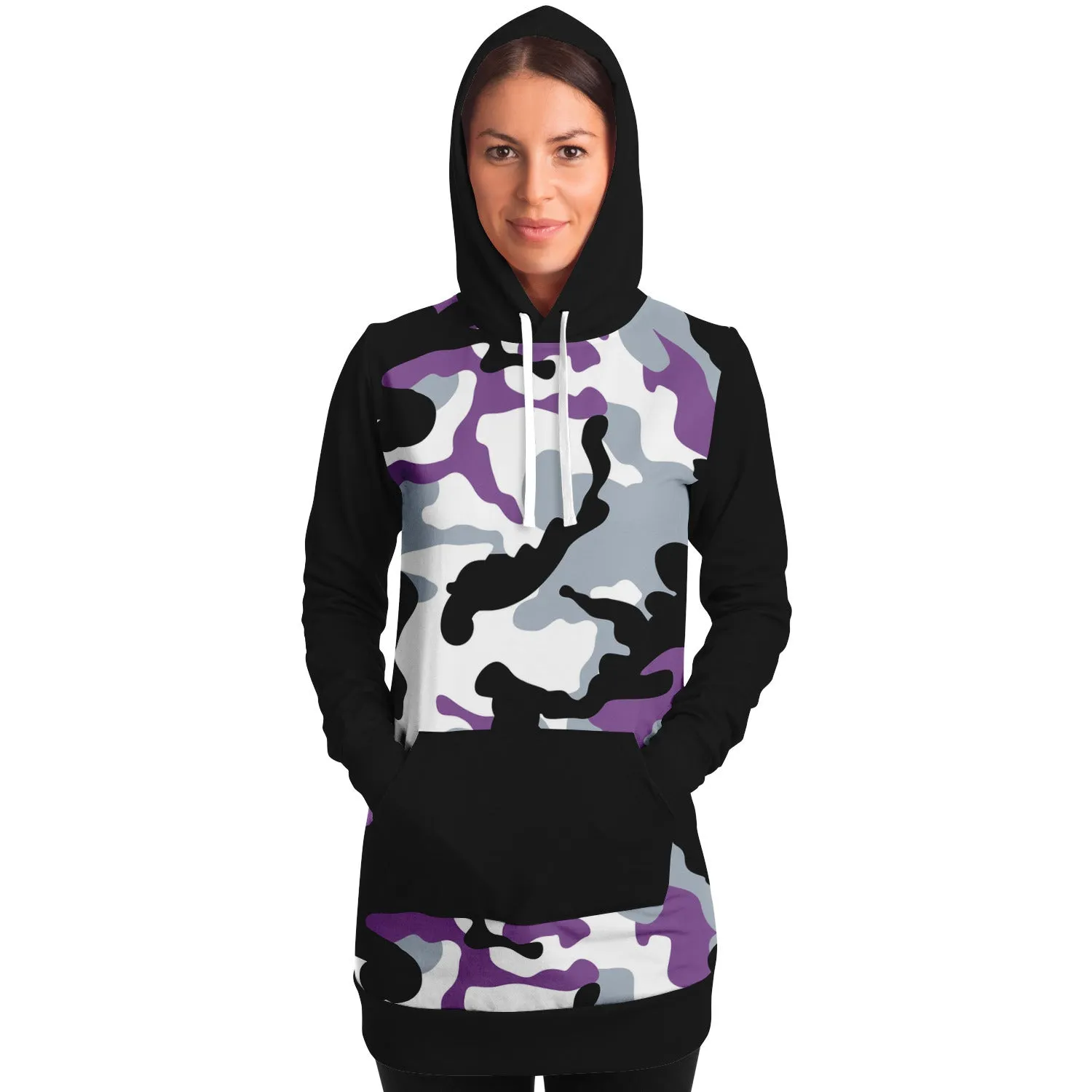 Purple and Black Camouflage Longline Hoodie Dress With Solid Black Sleeves, Pocket and Hood