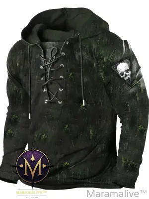 Retro Lace Up Gothic Style Hoodies For Men, Men's Casual Graphic Design Hooded Sweatshirt Streetwear For Winter Fall, As Gifts