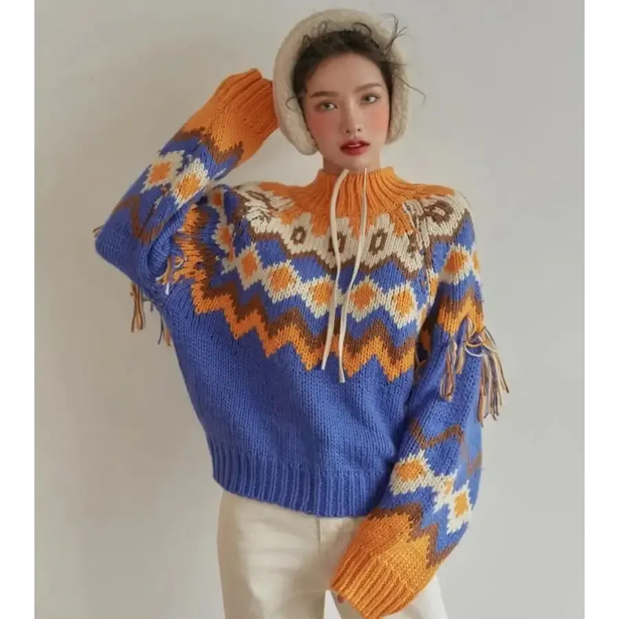 Retro Pattern Knitted Christmas Sweater with Flared Long Sleeves