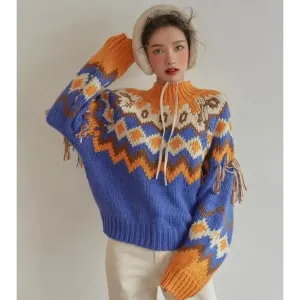Retro Pattern Knitted Christmas Sweater with Flared Long Sleeves