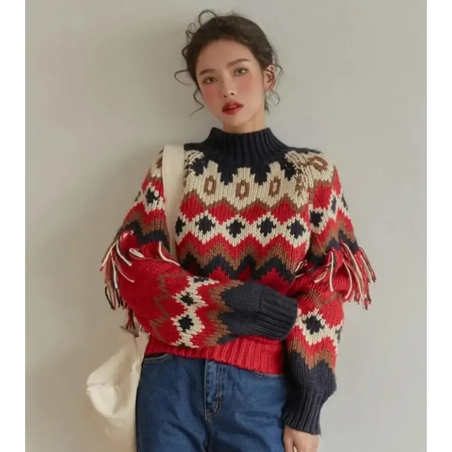 Retro Pattern Knitted Christmas Sweater with Flared Long Sleeves
