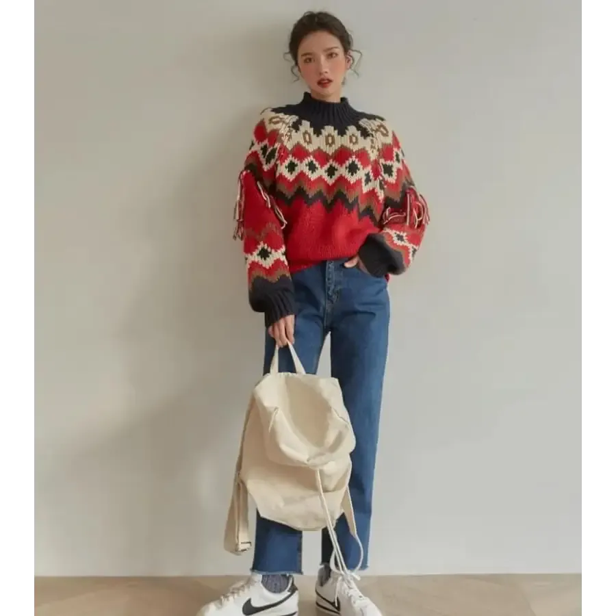 Retro Pattern Knitted Christmas Sweater with Flared Long Sleeves