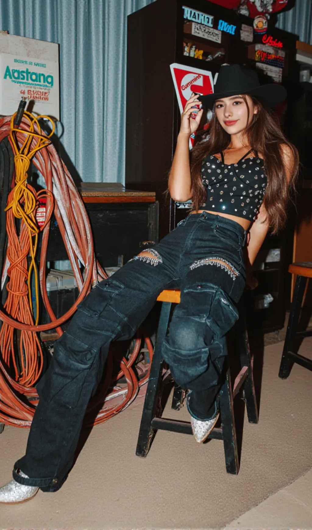 Rhinestone Cutout Cargo Jeans in Black