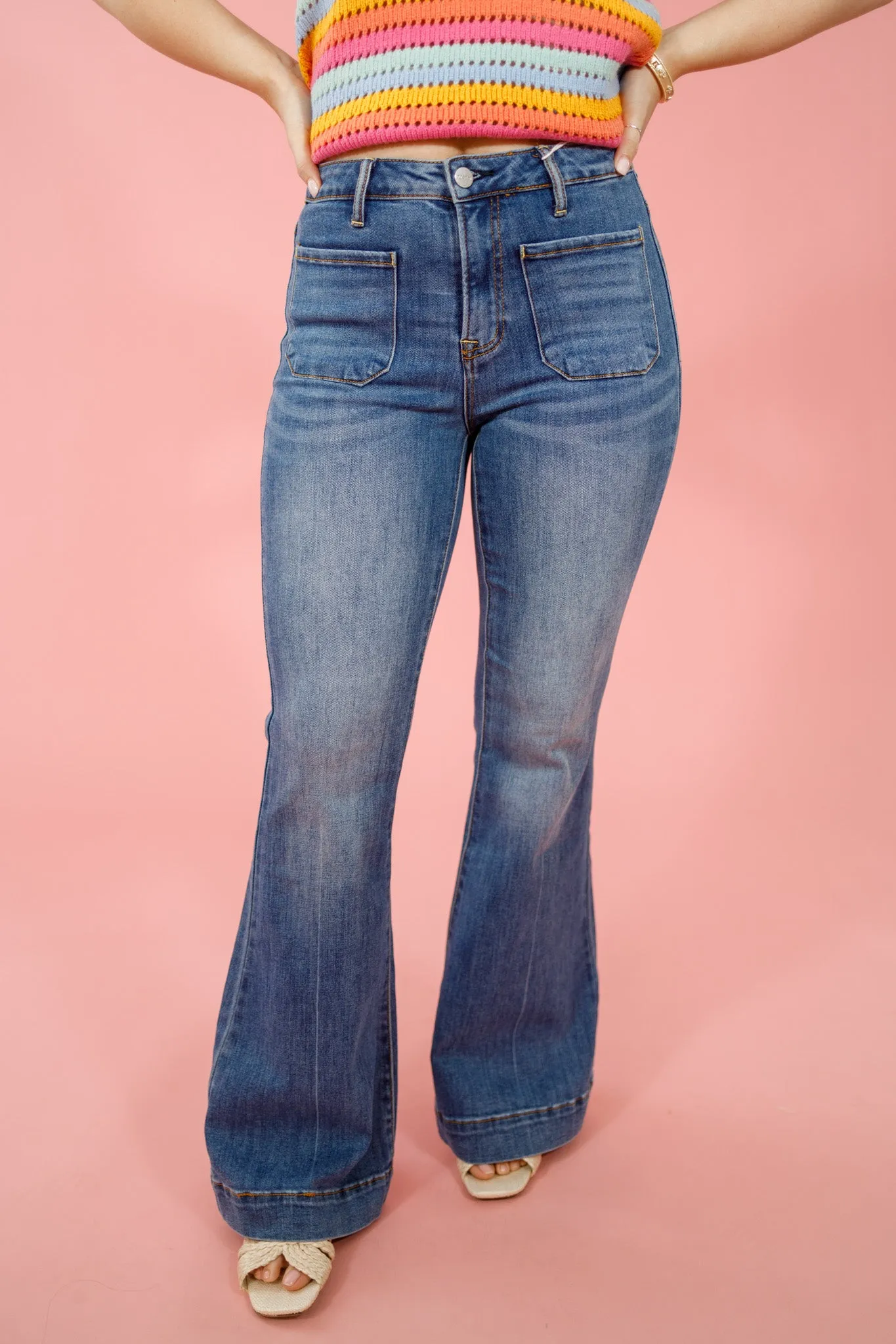 Risen Medium Wash Front Pocket Flares, REG   CURVY