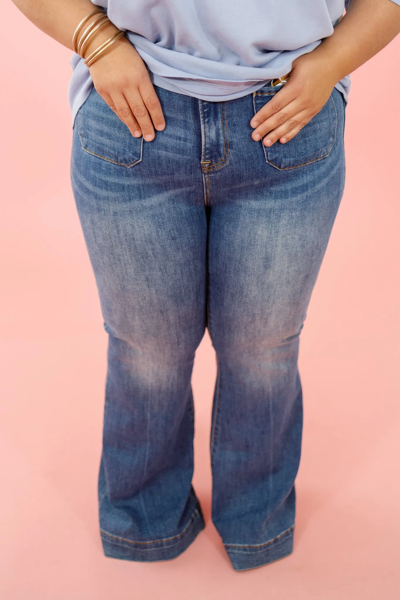 Risen Medium Wash Front Pocket Flares, REG   CURVY