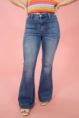 Risen Medium Wash Front Pocket Flares, REG   CURVY