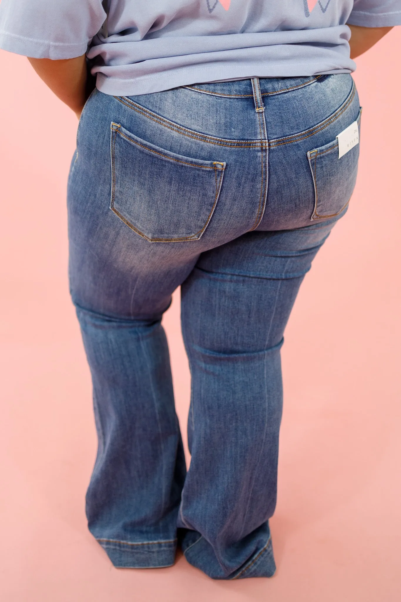 Risen Medium Wash Front Pocket Flares, REG   CURVY