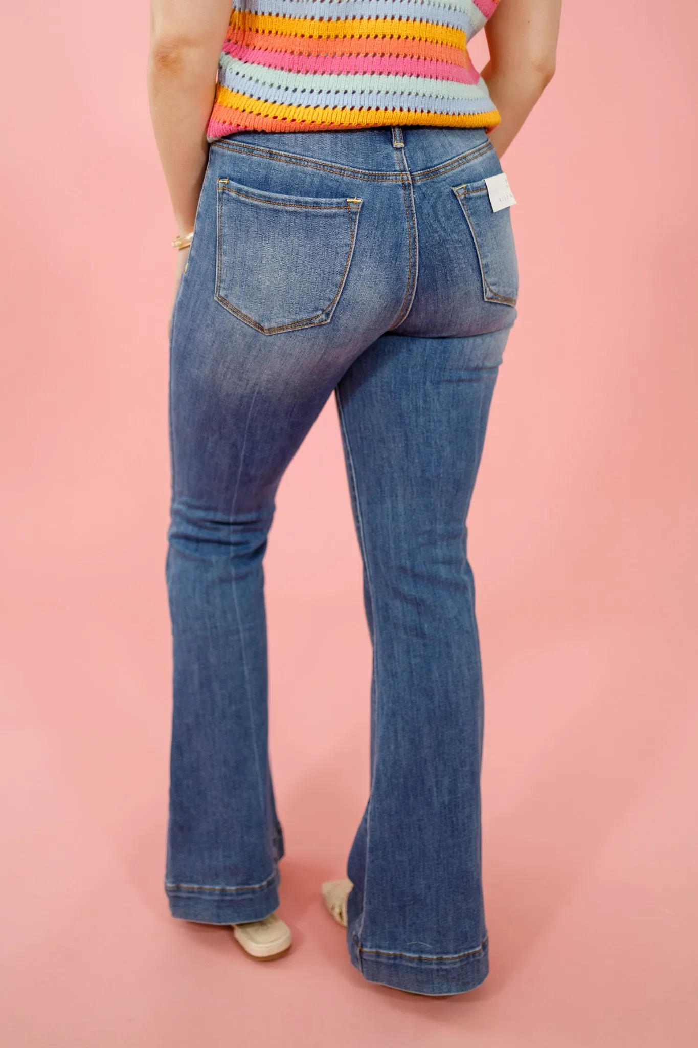 Risen Medium Wash Front Pocket Flares, REG   CURVY