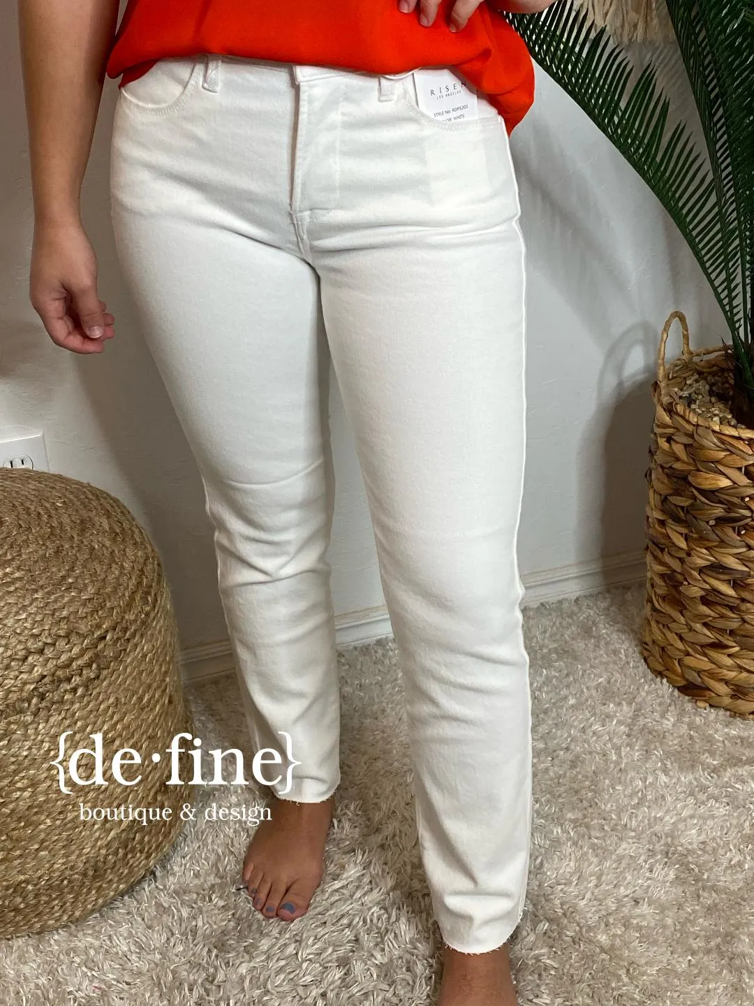 Risen White Mid Rise Tummy Control Raw Hem Straight Jeans