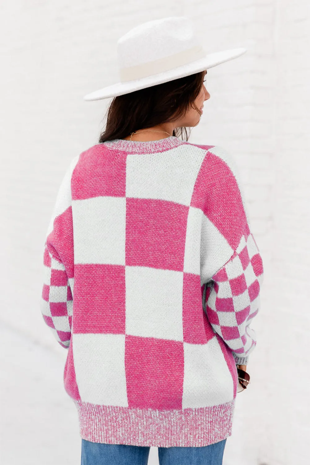 Rose Red Plaid Knitted Round Neck Drop Shoulder Sweatshirt