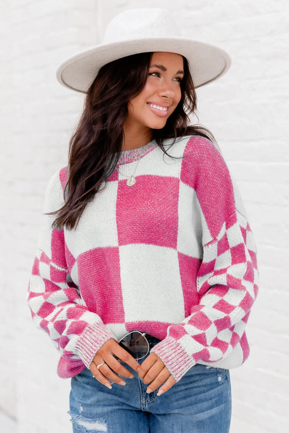 Rose Red Plaid Knitted Round Neck Drop Shoulder Sweatshirt