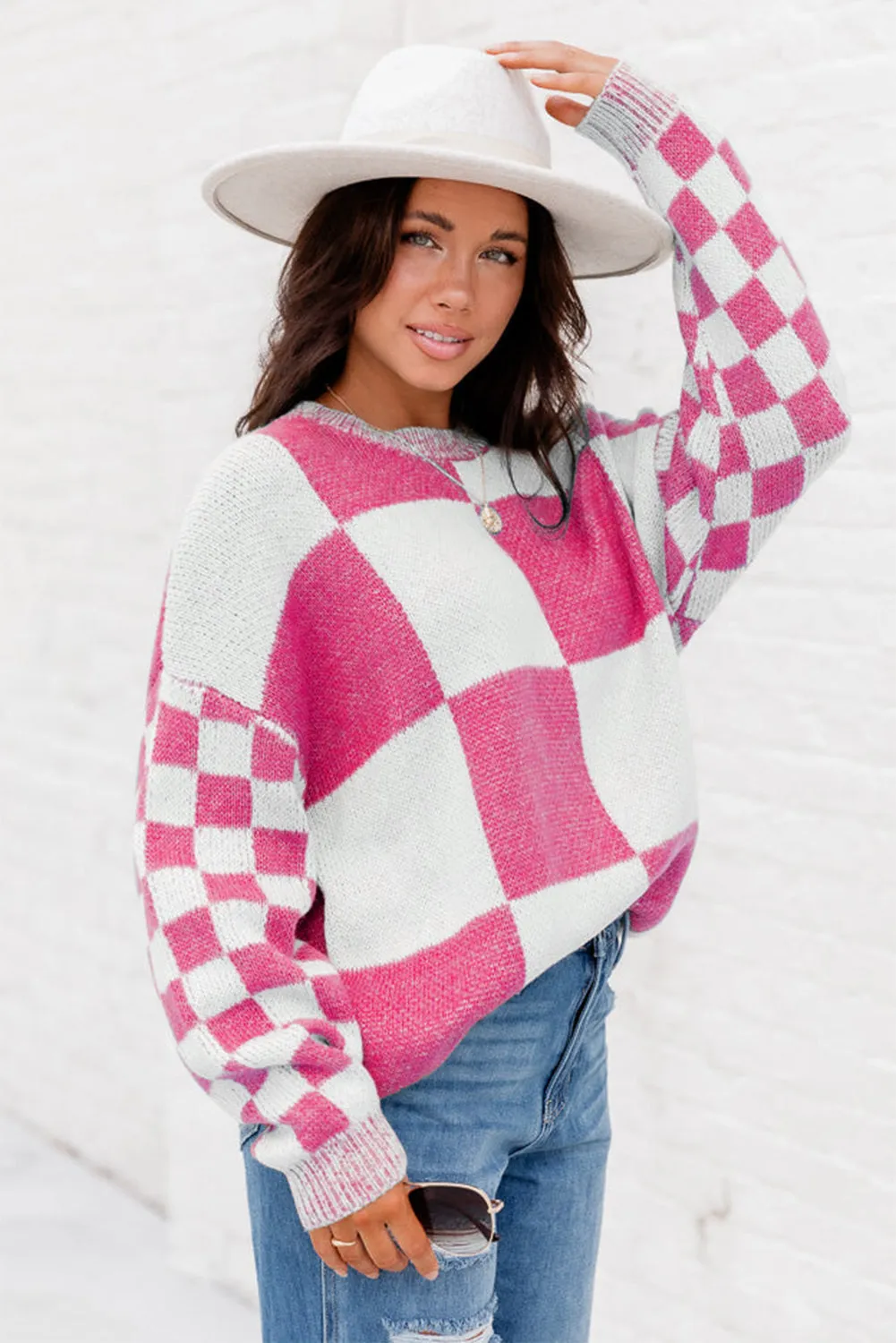 Rose Red Plaid Knitted Round Neck Drop Shoulder Sweatshirt