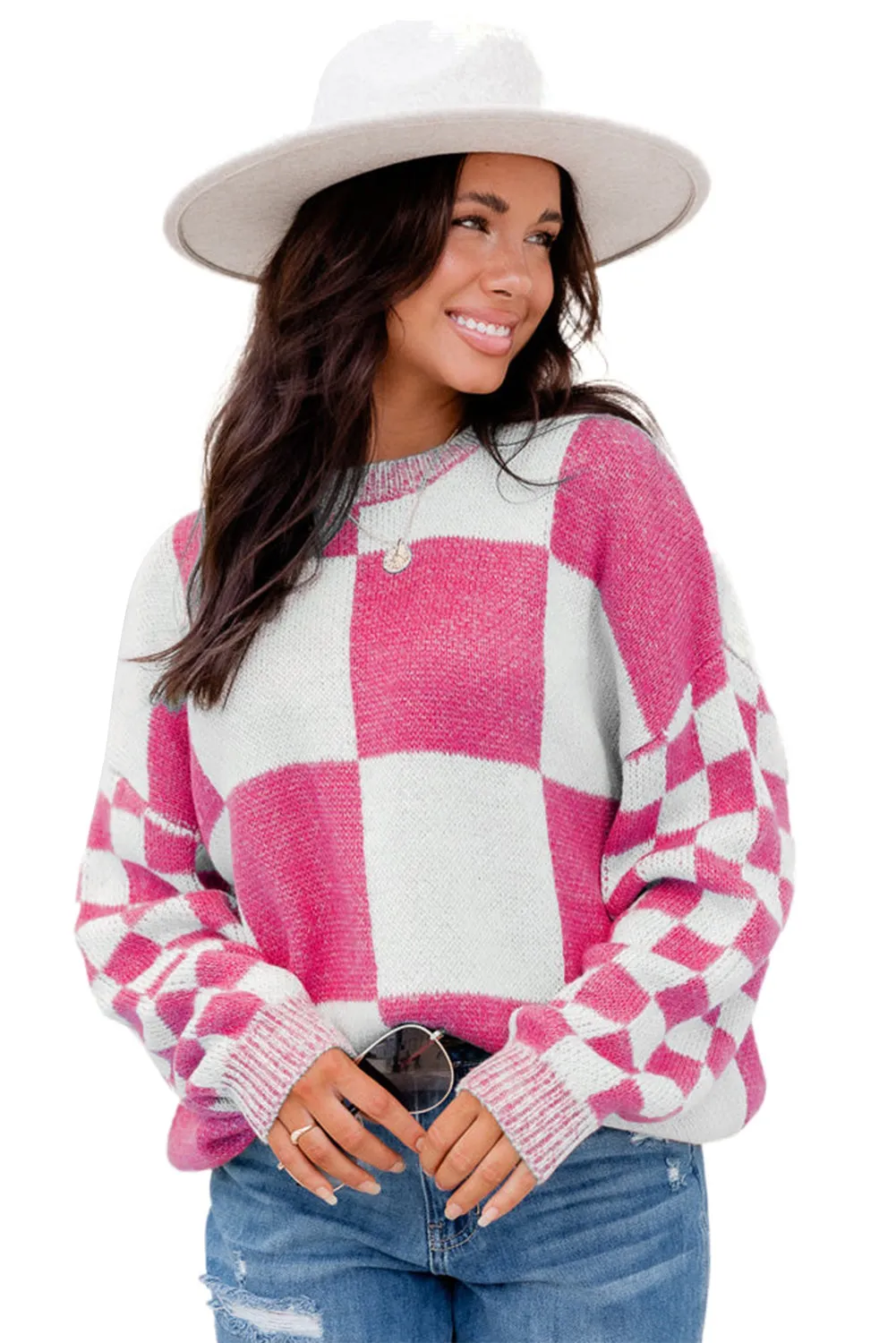Rose Red Plaid Knitted Round Neck Drop Shoulder Sweatshirt
