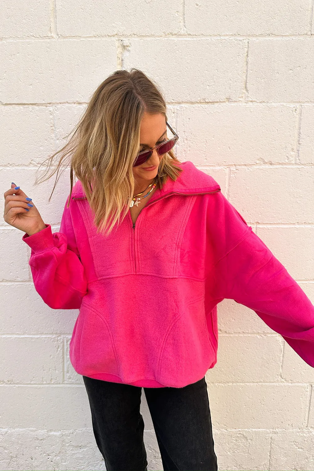 Rose Red Stitching Half Zipper Turn Down Collar Sweatshirt