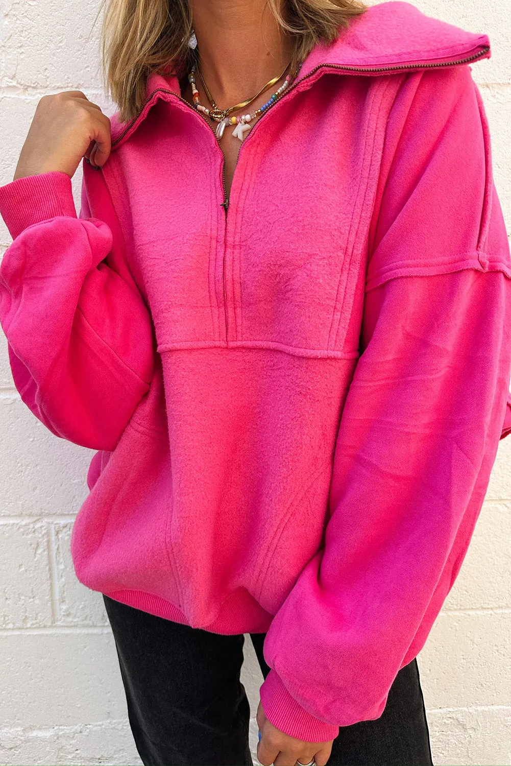 Rose Red Stitching Half Zipper Turn Down Collar Sweatshirt