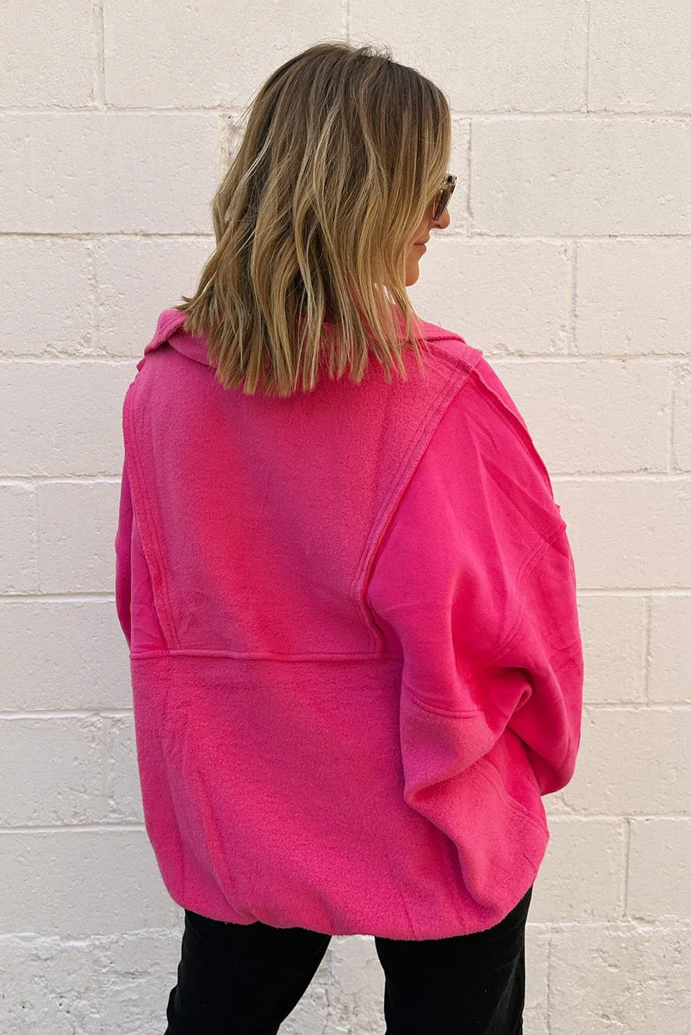 Rose Red Stitching Half Zipper Turn Down Collar Sweatshirt