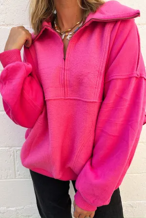 Rose Red Stitching Half Zipper Turn Down Collar Sweatshirt