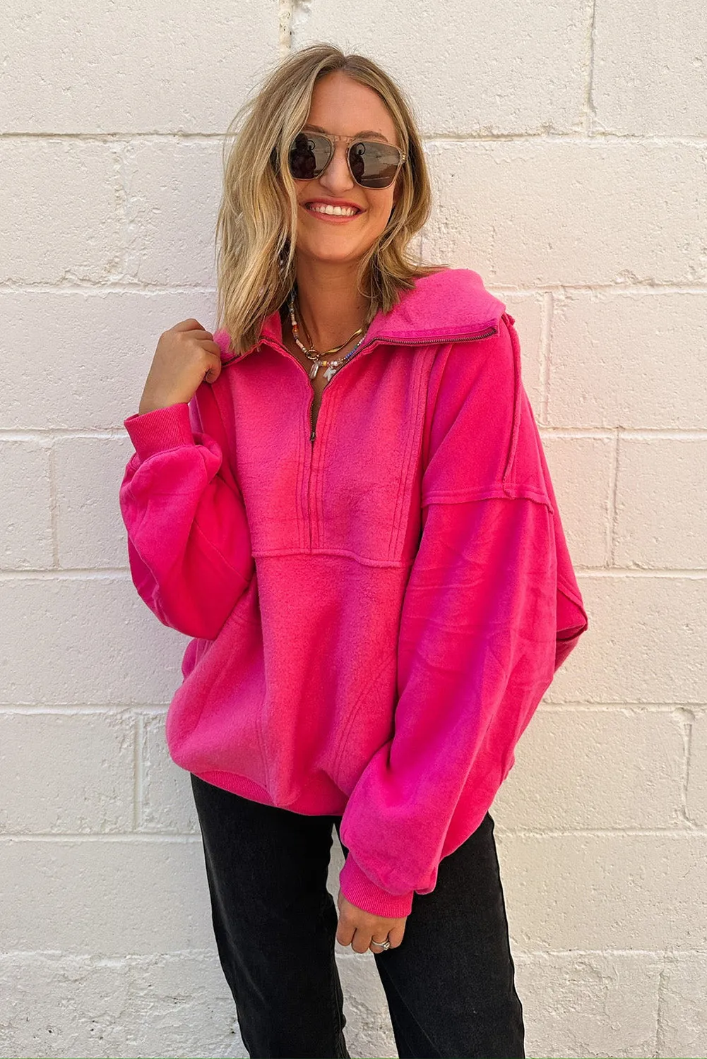 Rose Red Stitching Half Zipper Turn Down Collar Sweatshirt