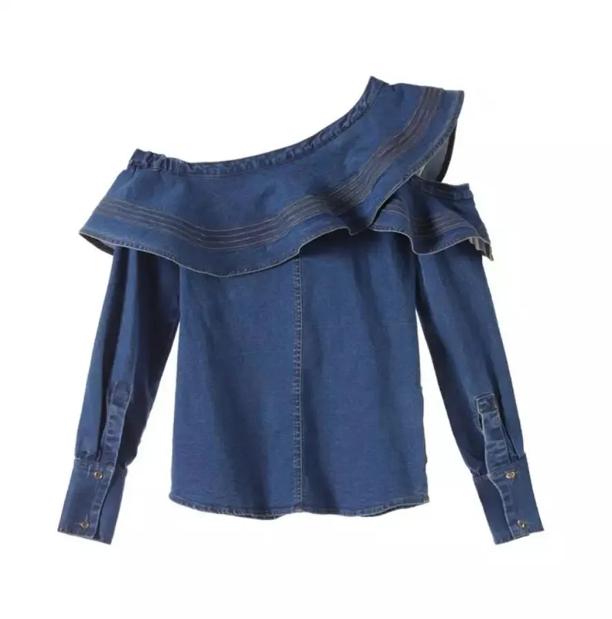 Ruffles One Off Shoulder Denim Top