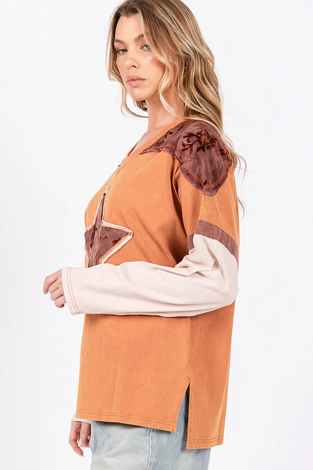 SAGE   FIG Star Patch Long Sleeve Color Block T-Shirt