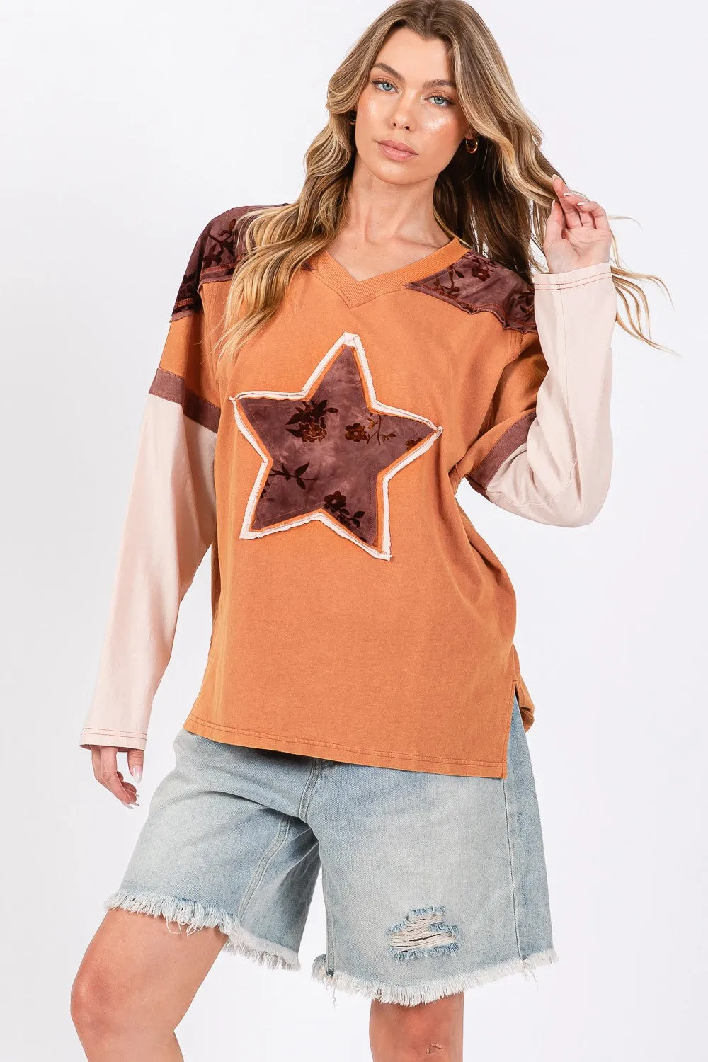 SAGE   FIG Star Patch Long Sleeve Color Block T-Shirt